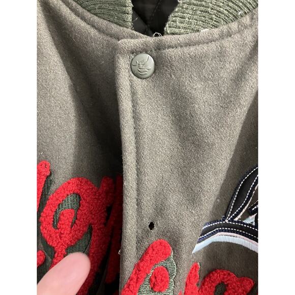 Al Wissam Men's Cream/Green Wool Leather Logo Bomber Jacket Size 6XL - Picture 3 of 13